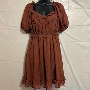By The River Brown Polka Dot Puff Sleeve Dress Small Smocked Back